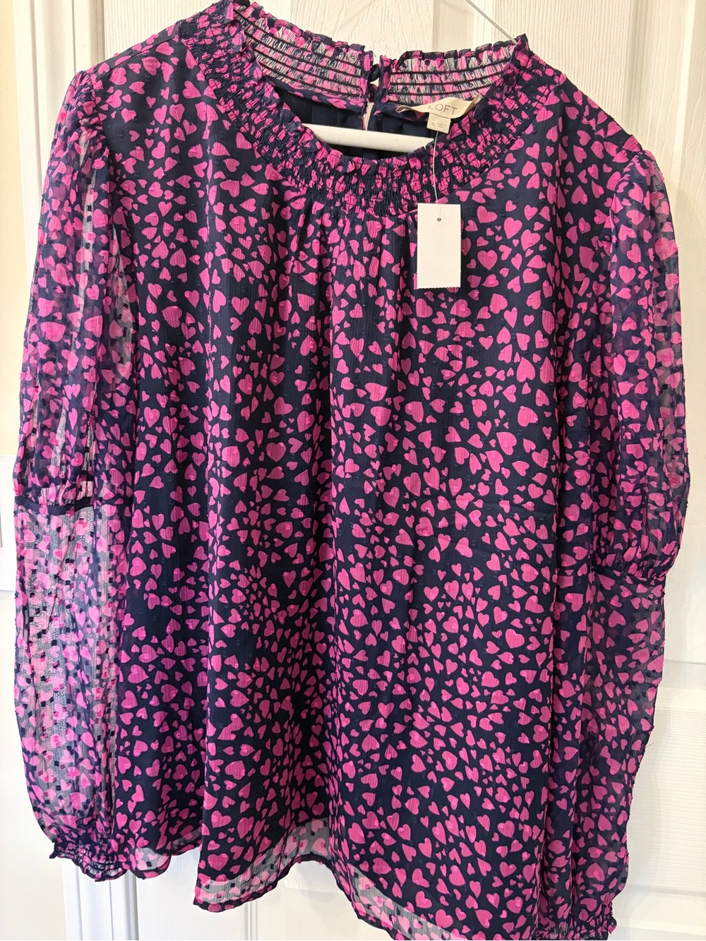 LOFT Navy Top with Bright Pink Heart Print